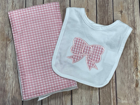 Pink bow Bib and Burp Cloth Gift gift set - Sew Cute By Katie