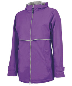 Lightweight pack-n-go rain jacket, wind and water resistant, featuring reflective trim across the front and back.