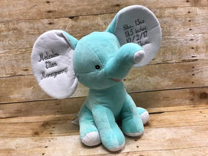 Cute Blue Elephant Stuffie with Personalized Embroidered Ears Baby Gift Available at Sew Cute By Katie