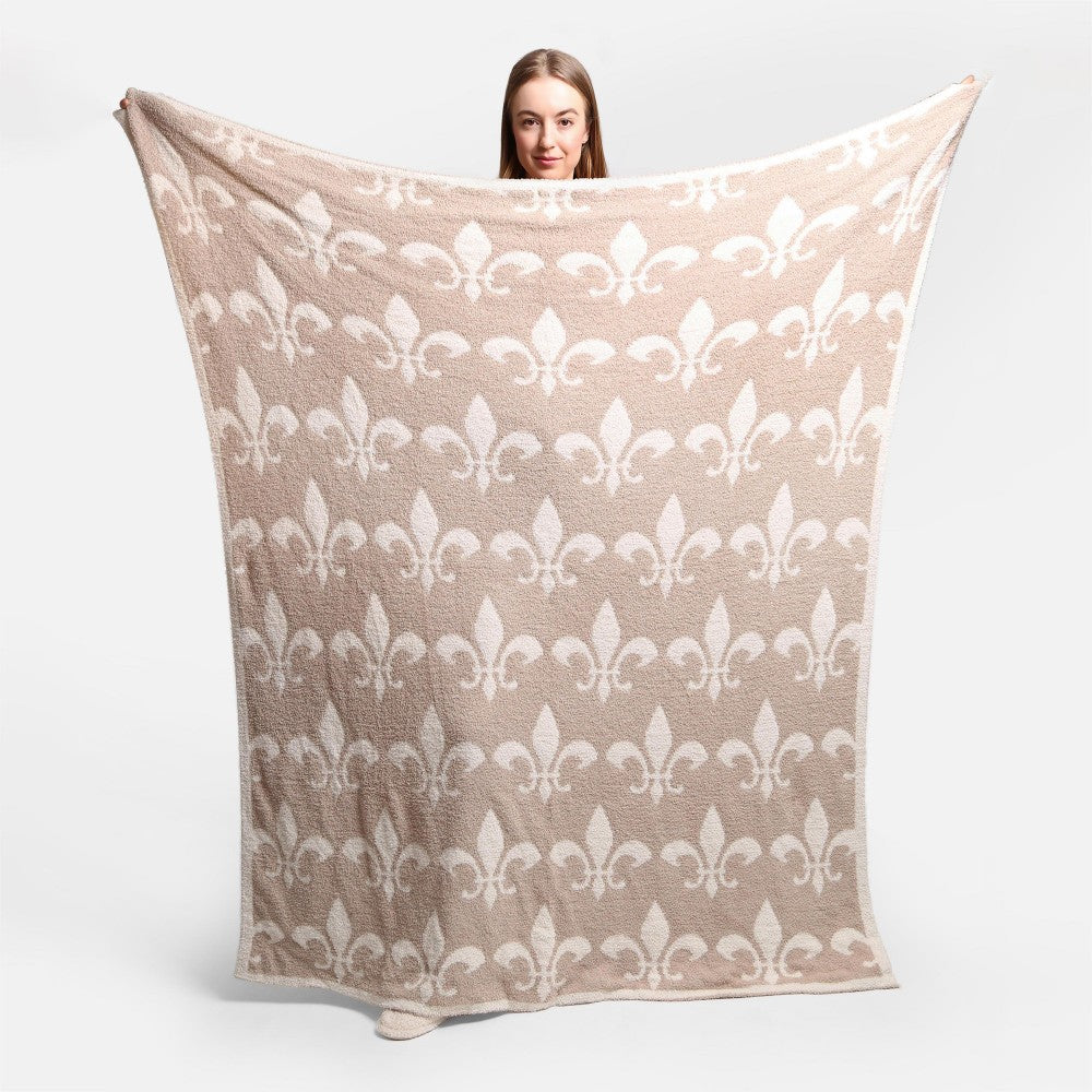 Beige Fleur-de-lis Super Soft Comfy Luxe Knit Blanket