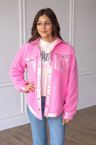 HEY DARLING BUBBLE GUM PINK BUTTON UP SHERPA