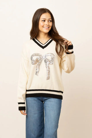 Silver Sequin Bow  Sweater