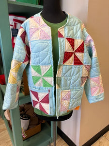 Vintage Quilt Jacket Light Blue Pin Wheel Pattern