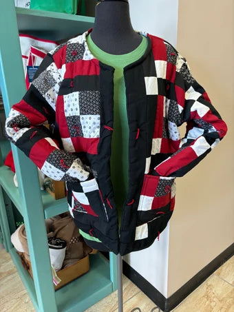 Vintage Quilt Jacket Red, White and Black Block Pattern