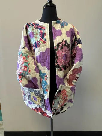 Vintage  Quilt Jacket - White/ Purple Hand Quilted