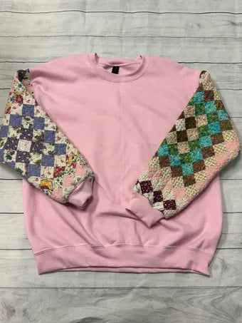 Vintage Quilt Sleeve Sweatshirt - light pink, size large