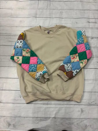 Vintage Quilt Sleeve Sweatshirt - tan and size large