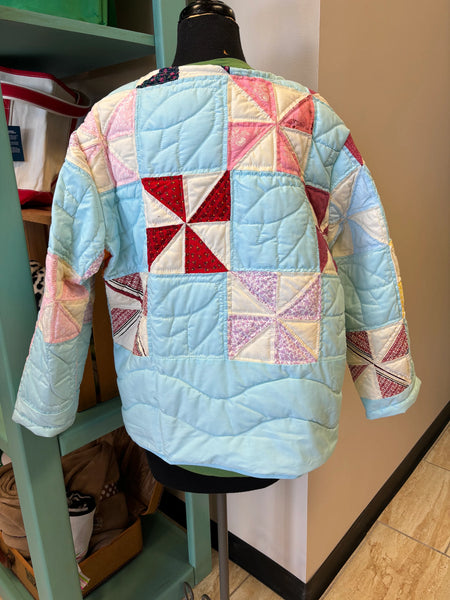 Vintage Quilt Jacket Light Blue Pin Wheel Pattern