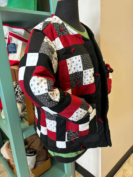 Vintage Quilt Jacket Red, White and Black Block Pattern