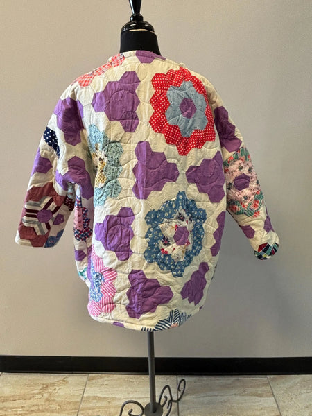 Vintage  Quilt Jacket - White/ Purple Hand Quilted