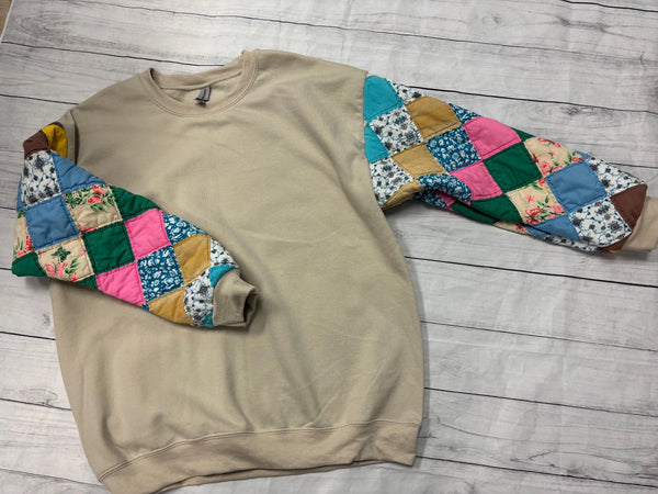Vintage Quilt Sleeve Sweatshirt - tan and size large