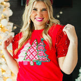 Red T-Shirt with Sequin Velvet Sleeves