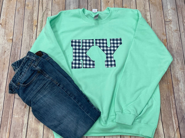 KY Applique Sweatshirt - Mint with Navy Gingham - Sew Cute By Katie