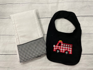 Fire truck Black Bib and Burp Cloth Gift gift set black Gingham - Sew Cute By Katie