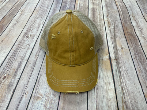 Monogrammed  Trucker style Baseball Hat - distressed mustard - Sew Cute By Katie