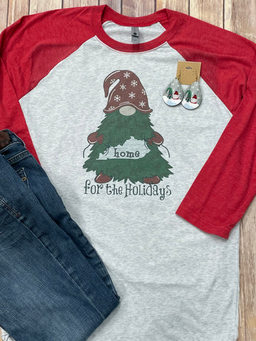 Home for the Holidays Gnome Red Raglan Christmas Shirt - Sew Cute By Katie