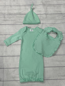 Infant Gift Set in Mint Green - Monogram Gown, Bib, Hat - Sew Cute By Katie