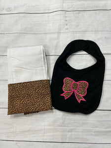 Leopard print bow Bib and Burp Cloth Gift gift set - Sew Cute By Katie