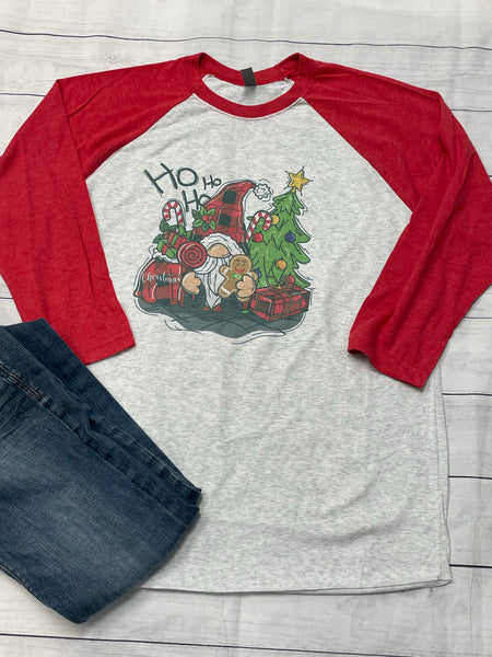 Gnome Ho ho ho- Red Raglan Christmas Shirt