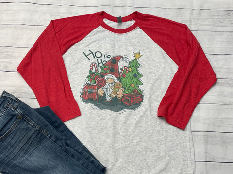 Gnome Ho ho ho- Red Raglan Christmas Shirt