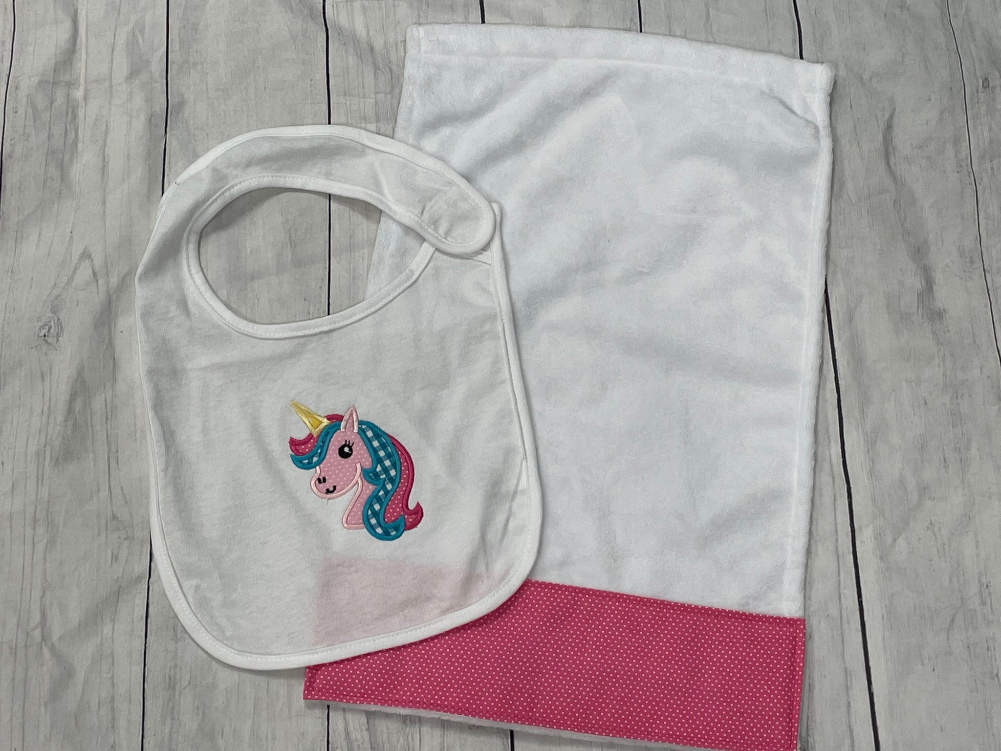 Unicorn Bib and Burp Cloth Gift gift set -pink - Sew Cute By Katie