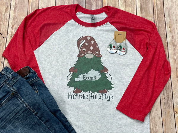 Home for the Holidays Gnome Red Raglan Christmas Shirt - Sew Cute By Katie