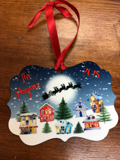 Christmas Village & Santa's Sleigh Christmas Ornament Keepsake, Personalized Ornament - Sew Cute By Katie